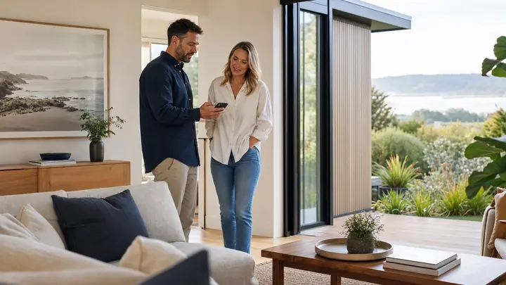 Real-estate professional reviewing property content with a homeowner